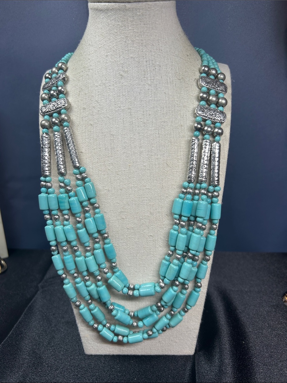 Vintage Glass Turquoise and Silver-tone Multi-Strand Beaded Necklace